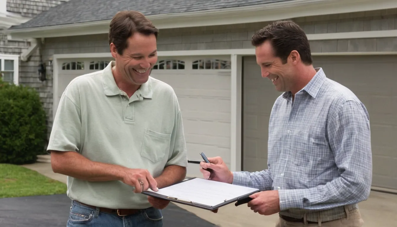 A homeowner talking with a garage door provider in the Dover area